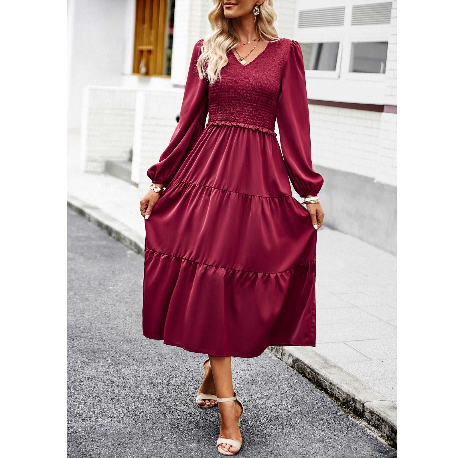 Women's Casual Midi Dress Boho Flutter Long Sleeve Crew Neck Smocked Elastic Waist Tiered A-Line Long Dress