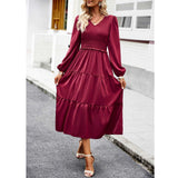 Women's Casual Midi Dress Boho Flutter Long Sleeve Crew Neck Smocked Elastic Waist Tiered A-Line Long Dress