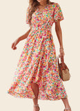 Women's Dresses Casual Summer Wrap V Neck Short Sleeve Belted Ruffle Hem A-Line Bohemian Maxi Dress