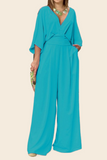 Women's Casual V-Neck Slim-Fit Solid Color Wide Leg Jumpsuit
