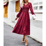 Women's Casual Midi Dress Boho Flutter Long Sleeve Crew Neck Smocked Elastic Waist Tiered A-Line Long Dress