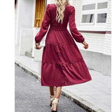 Women's Casual Midi Dress Boho Flutter Long Sleeve Crew Neck Smocked Elastic Waist Tiered A-Line Long Dress