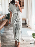 Elegant Short Sleeve Printed High Waist Dress Long Dress