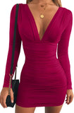 Women's Sexy Long Sleeve V Neck Ruched Bodycon Mini Party Cocktail Dress