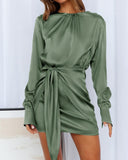 Women Casual Long Sleeve Ruched Wrap Dress Crew Neck Tie Waist Short Dresses Solid Party Dresses Satin Cocktail Dress