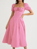 Women Solid Color Bubble Sleeve Strap Dress