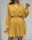Women Casual Summer Fall Dresses 2023 Boho Wrap V Neck Puff Long Sleeve Cocktail Flowy Pleated A-Line Mini Dress