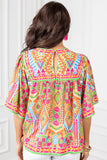 Orange Geometric Print Bell Sleeve O Neck Babydoll Blouse