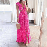 Sexy Deep V-neck Waist Print Dress Long Dress