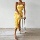 Printed High-waisted Slim Slit Tube Bodycon Dress