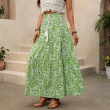 Long Skirt Elastic Waist Fringed Drawstring Paisley Print Skirt