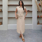 Elegant Shirt Dress Solid Color Cinched Waist Dress