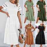 Solid Color Short-sleeved Cut-out Dress for Women