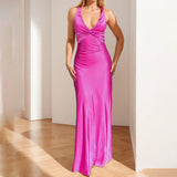 Sexy V-neck Pleated Slim-fit Dress Long Dress