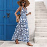 Vintage Vacation Style Neck Printed Halter Dress