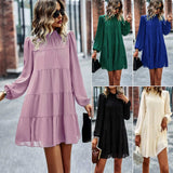 Womens Dress Long Lantern Sleeve Square Neck Tie Backless Sexy Dress Ruffle Elastic Waist A-Line Mini Dress