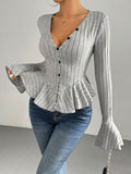 Women's V-neck Ruffled Slim-fit Knitted Top