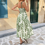 Women's Waist Green Leaf Print Dress