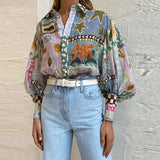 Casual Lapel Print Button-down Women's Blouse