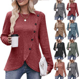 Women's Crew Neck Bottom Solid Color Button T-Shirt