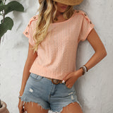 Women's Solid Color Crew Neck Button Short Sleeve T-Shirt Top