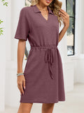 Women's Loose Lapel Short-sleeve Drawstring Pocket Dress