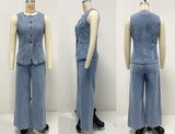 Women's Solid-color Loose Fashion Long-sleeve Denim Suit Wide-leg Pants