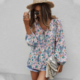 Womens Fall Fashion Boho Tops Casual Frill Trim Mock Neck Shirts Puff Long Sleeve Blouse Floral Print Top