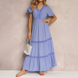 Women's Short-sleeved V-neck Solid Color Dress