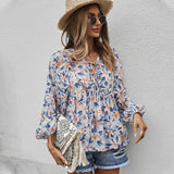 Womens Fall Fashion Boho Tops Casual Frill Trim Mock Neck Shirts Puff Long Sleeve Blouse Floral Print Top