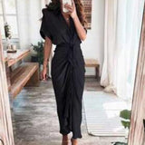 Elegant Short Sleeve Printed High Waist Dress Long Dress