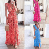 Sexy Deep V-neck Waist Print Dress Long Dress