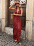 Vintage Neck Slim Fit Deep V-neck Suspender Polka Dot Dress