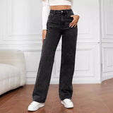 Women Stretch Washed Denim Fashion Straight Pants Long High Waist Jeans