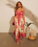Womens Summer Off-the-shoulder V-neck Print Long Dress Dress