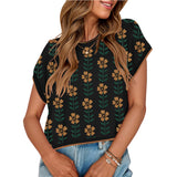 Short Sleeve Crew Neck Knitted Flower Sweater