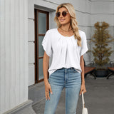 Women Crew Neck Short Sleeve Pleated Loose Chiffon Top