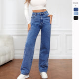 Women Stretch Washed Denim Fashion Straight Pants Long High Waist Jeans
