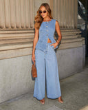 Women's Solid-color Loose Fashion Long-sleeve Denim Suit Wide-leg Pants