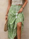 Long Skirt Elastic Waist Fringed Drawstring Paisley Print Skirt