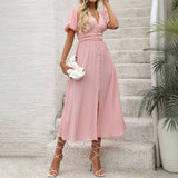 Women Mid-length Bubble Sleeve Pink Waist Dress