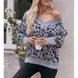 Women V-neck Off-the-shoulder Leopard Print Pullover Loose Fashion Sweater