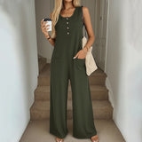 Women's Loose Sleeveless Solid Color Pocket Button Jumpsuit