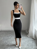 Women Long Dress Square Neck Contrasting Dress