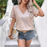Sexy Solid Color Sequin V-neck Loose Short Sleeve Women's T-shirt
