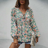 Womens Fall Fashion Boho Tops Casual Frill Trim Mock Neck Shirts Puff Long Sleeve Blouse Floral Print Top