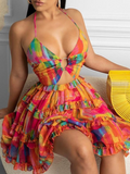 Women Sexy Neck Print Ruffle Edge Dress