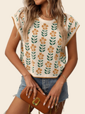 Short Sleeve Crew Neck Knitted Flower Sweater
