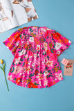 Pink Floral Short Sleeve Smocked Blouse