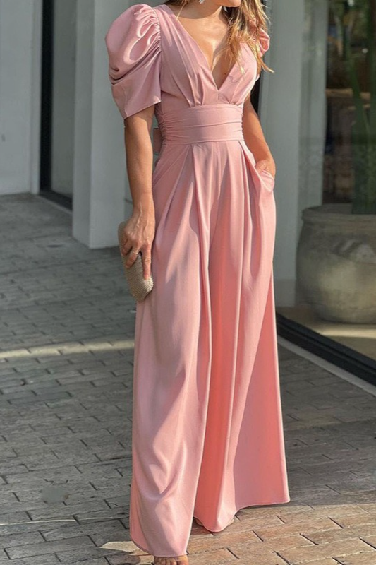 Women's Solid Color Slim-Fit Short Sleeve Wide Leg Jumpsuit